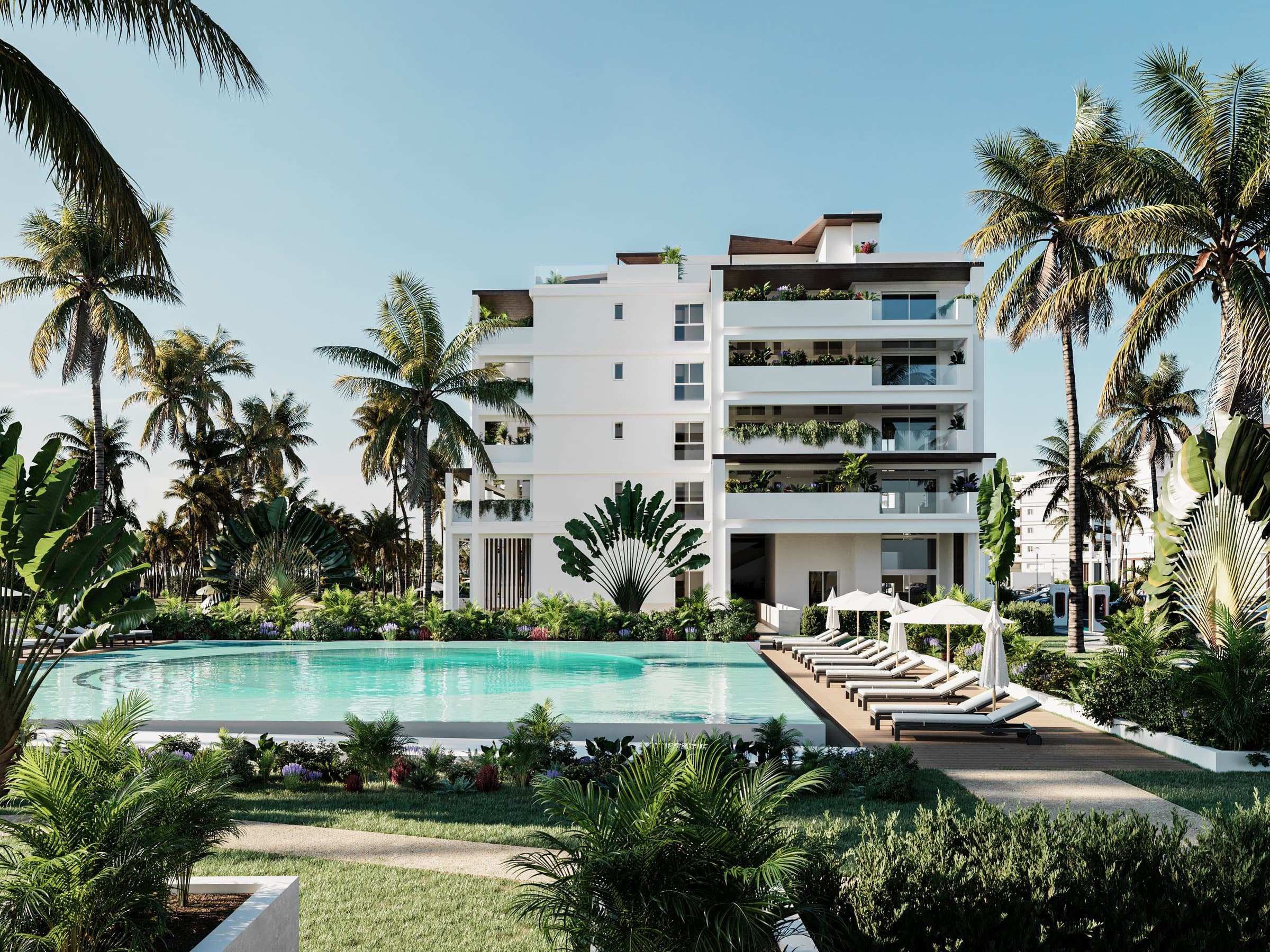 Baycana building with infinity pool and palms by day