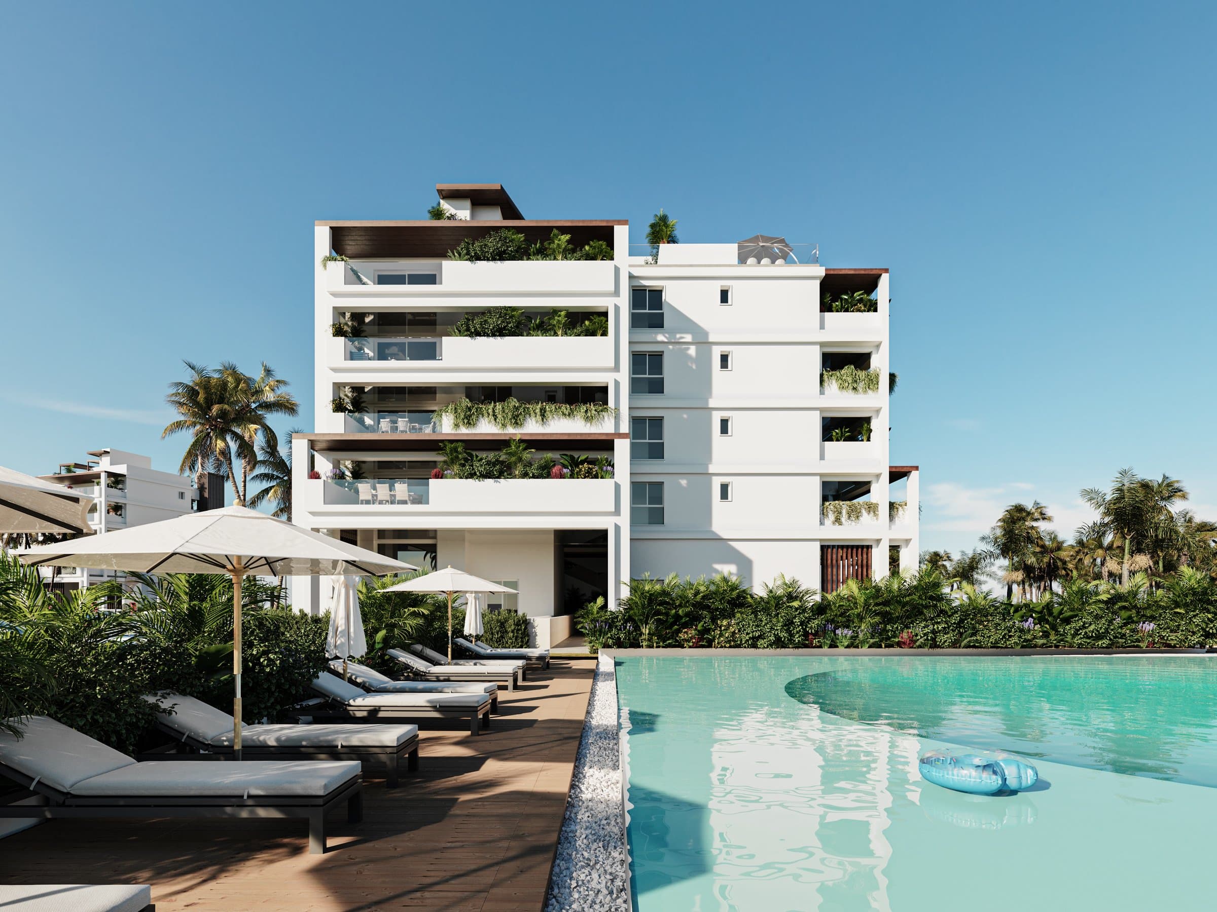 Poolside view of a Baycana residential building