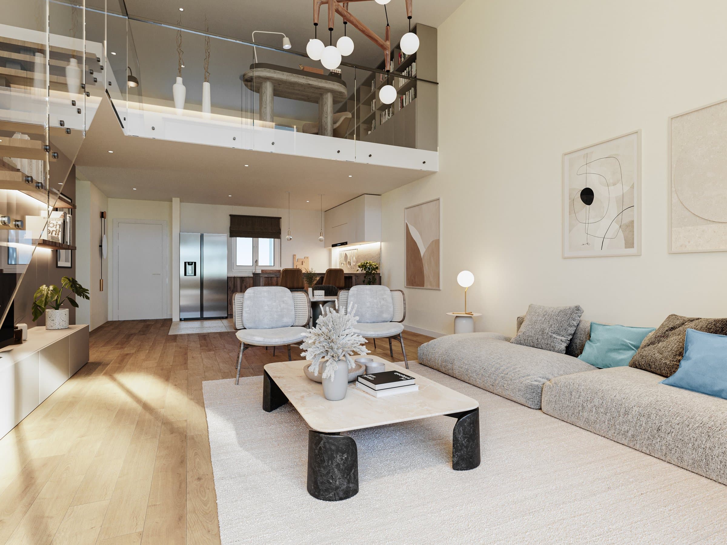 Rendering of an open-plan living and dining residence